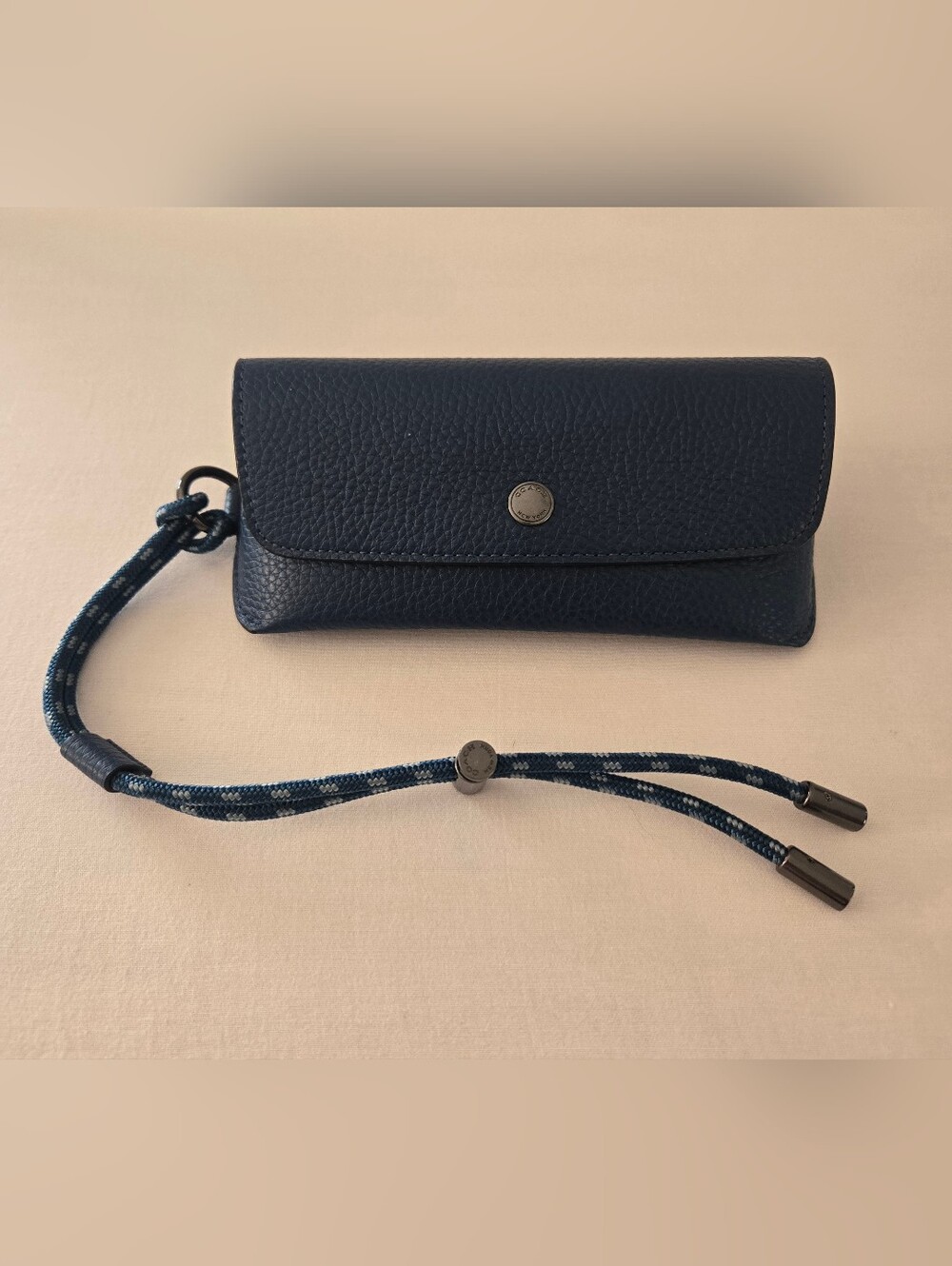 Coach Jewel Blue Pebbled Leather Eyewear Case with Woven Wrist Cord